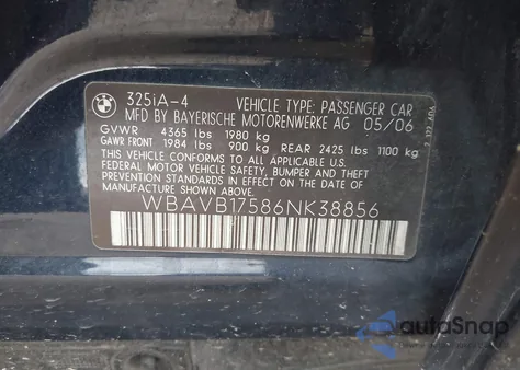 2006 BMW 325I из США, поврежденный, VIN WBAVB17586NK38856